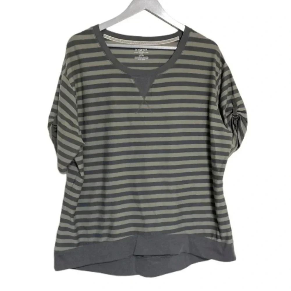Lane Bryant Striped Short Sleeve Top 14/16 Gray Green Roll Tab Banded Hem Tee‎